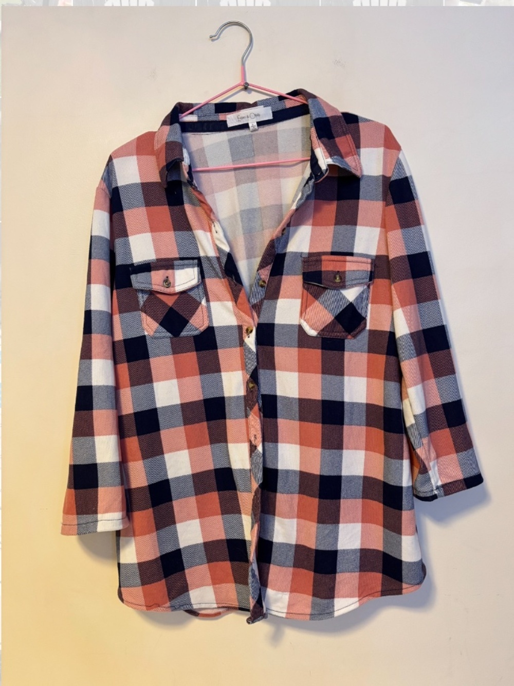 Eden & Olivia Stretch Quarter Sleeve Button Flannel Shirt Orange Blue Womens L